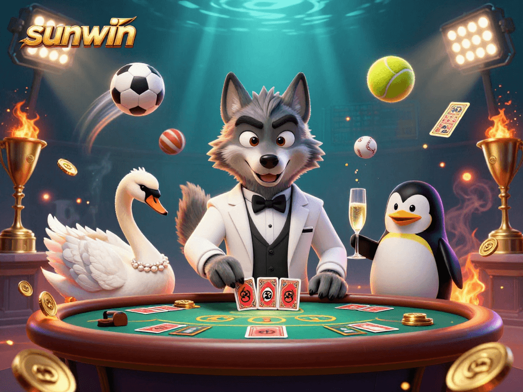Experience the thrill of sunwin with a debonair wolf and elegant swan at a vibrant baccarat table.