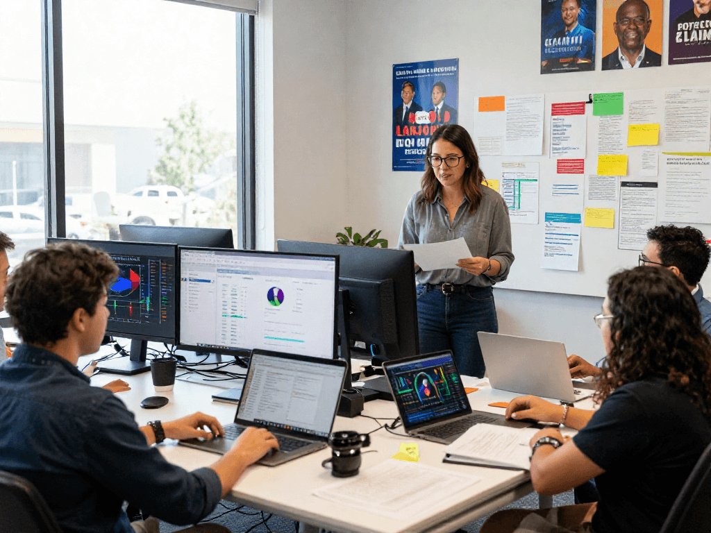 Engaging campaign manager team analyzing programmatic ads for campaigns in a modern workspace