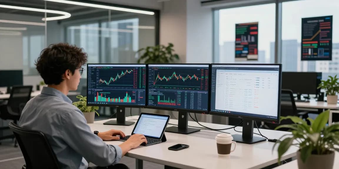 Visualizing historical Kline data API in a modern fintech office, showcasing real-time trading charts and developer workspace.