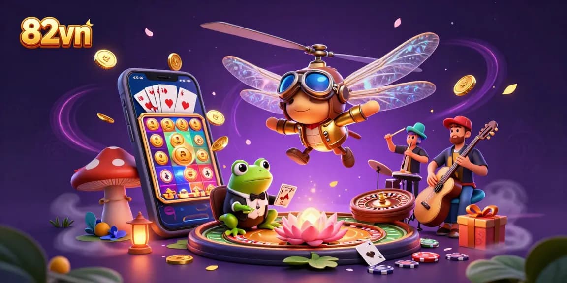 Engage in vibrant casino fun with 82vn as the dragonfly pilot flies over a lily pad casino