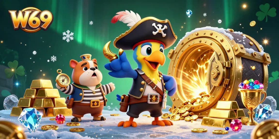W69 casino adventure showing a pirate captain and crew amidst treasure and games, creating excitement.