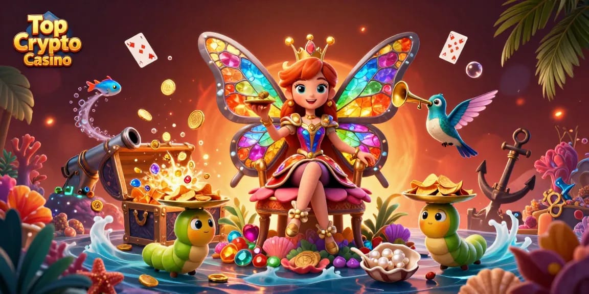 Experience the vibrant world of Top Crypto Casino with a colorful butterfly queen surrounded by rich gaming treasures.