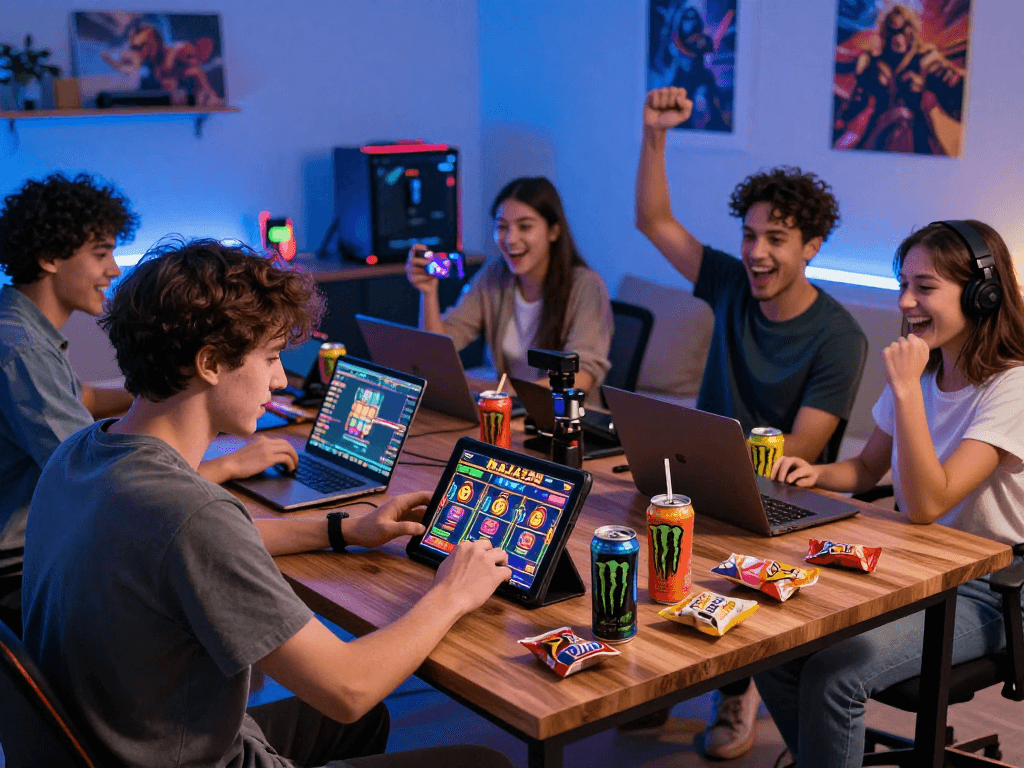 RAJA 328 gaming platform experience with players enjoying vibrant online slot games in a cozy setting.