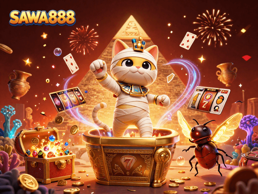 Play slots and win with SAWA888 in a dynamic mummy-themed casino scene featuring a glowing scarab.