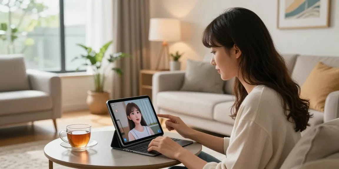 Engaging moment with an AI girlfriend on a tablet during cozy home interaction.