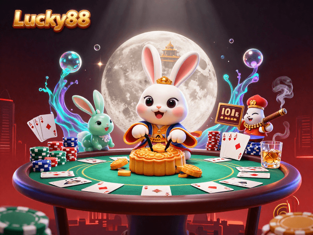 Engage in exciting poker action with Lucky88: interactive casino illustration featuring cartoon moon rabbits and vibrant game elements.