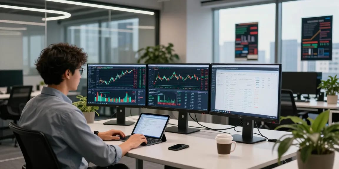 Visualizing historical Kline data API in a modern fintech office, showcasing real-time trading charts and developer workspace.