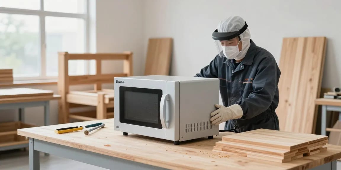 Shashel microwave technology eliminating woodworms in a bright workshop