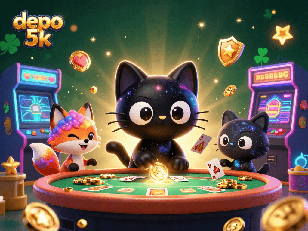 Engage in thrilling casino action with depo 5k as a cat pulls in golden chips and cards.