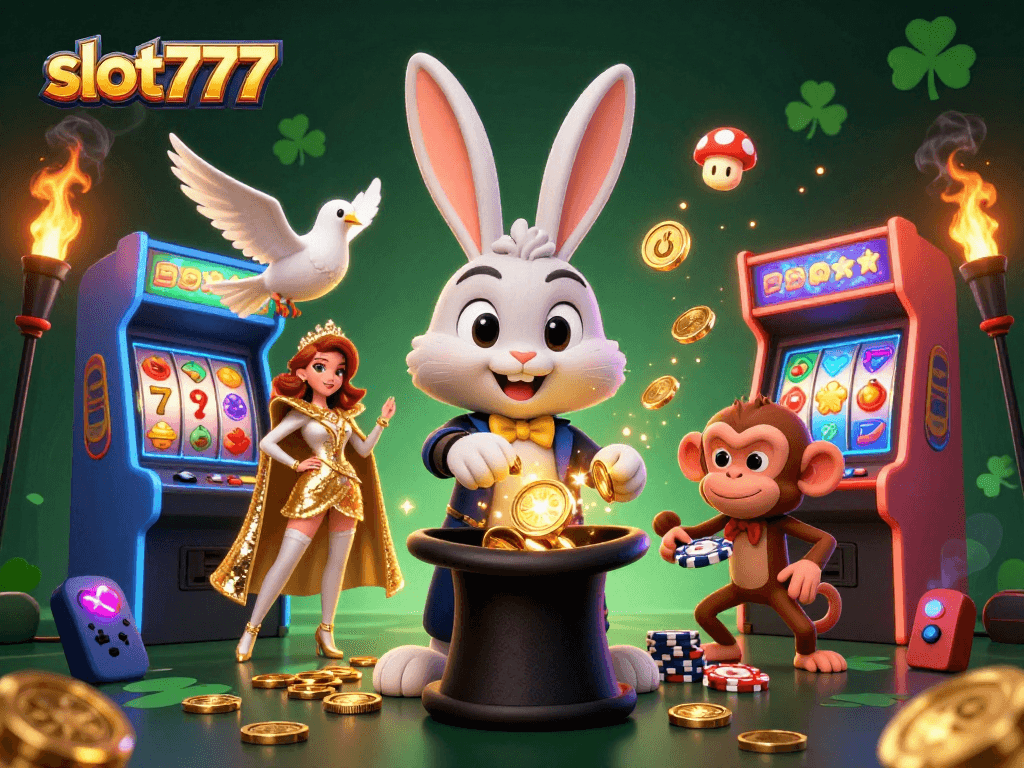 Engage with slot777 as the magician rabbit conjures golden coins amid vibrant casino game elements.
