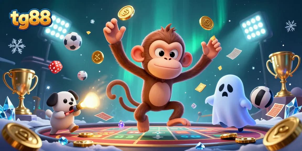 Experience thrilling gameplay at tg88 with a poltergeist monkey and ghost-hunter puppy in a lively casino scene.