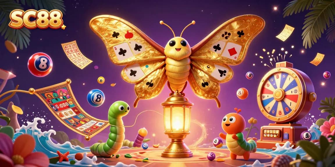 Win big with SC88 as cartoon moths dance among colorful lottery elements in this vibrant casino illustration.