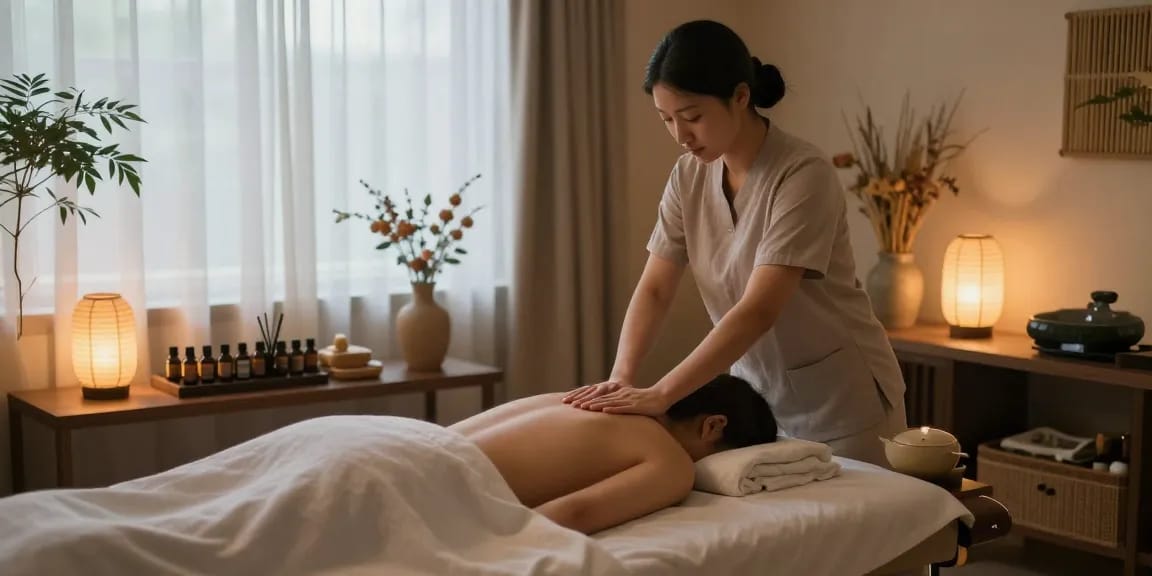 Experience relaxation with 군포출장안마 in a serene massage studio, featuring a calming atmosphere and soothing elements.