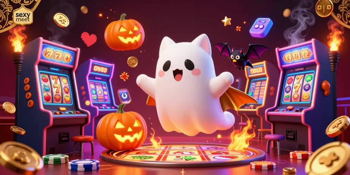 Experience lively gaming action with sexy meet, featuring a ghost cat in a vibrant casino.