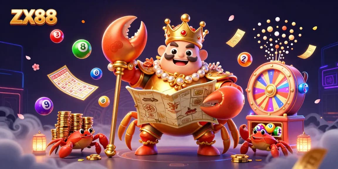 Experience thrilling gameplay at ZX88 with a majestic golden crab emperor, surrounded by lottery elements.