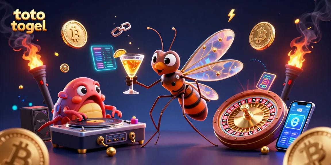 Engage in the thrilling world of toto togel with colorful casino mascots and digital elements.