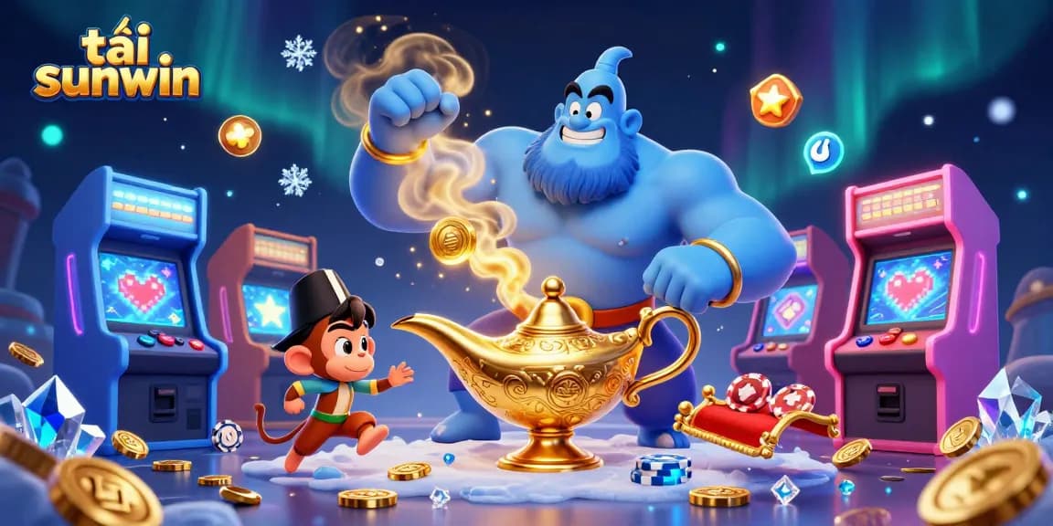 Engage with tải sunwin in an exciting 3D casino scene featuring a genie and games.