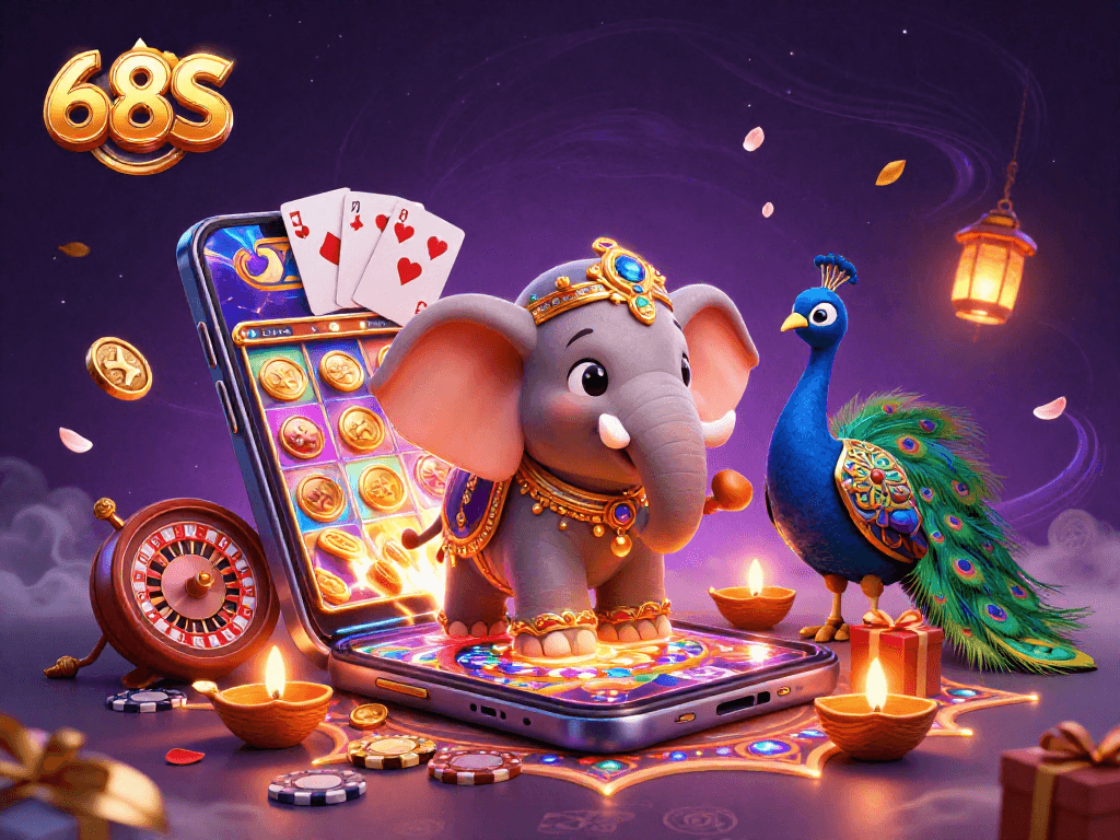 Ilustração 3D detalhada mostrando o elefante Diwali e símbolos de jogos no ambiente vibrante do 68S.