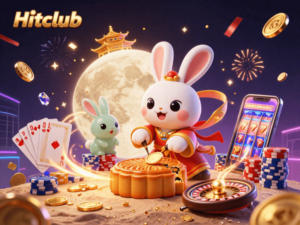 Hitclub's moon rabbit celebrates with poker chips and gold coins in this vibrant casino illustration.