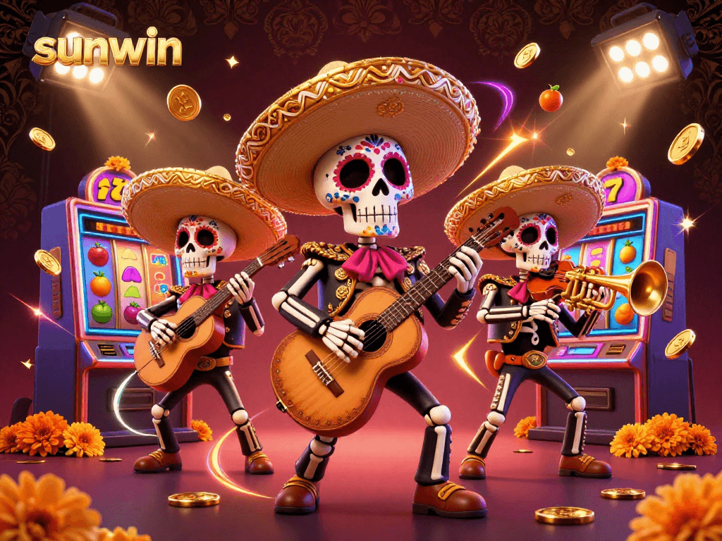 Experience the fun and excitement at sunwin with colorful mariachi characters, dynamic slot machines, and vibrant gold coins.