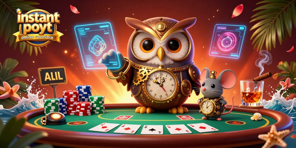 Experience instant payout online casinos Australia with a dynamic 3D casino scene featuring an owl and futuristic elements.