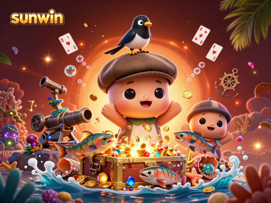 Engage in exciting wins with sunwin as 3D cartoon characters celebrate amidst a treasure-filled casino underwater scene.