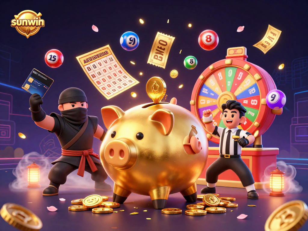 Experience the sunwin magic with a wild casino illustration featuring a clever piggy bank sumo wrestler, colorful lottery balls, and golden coins.