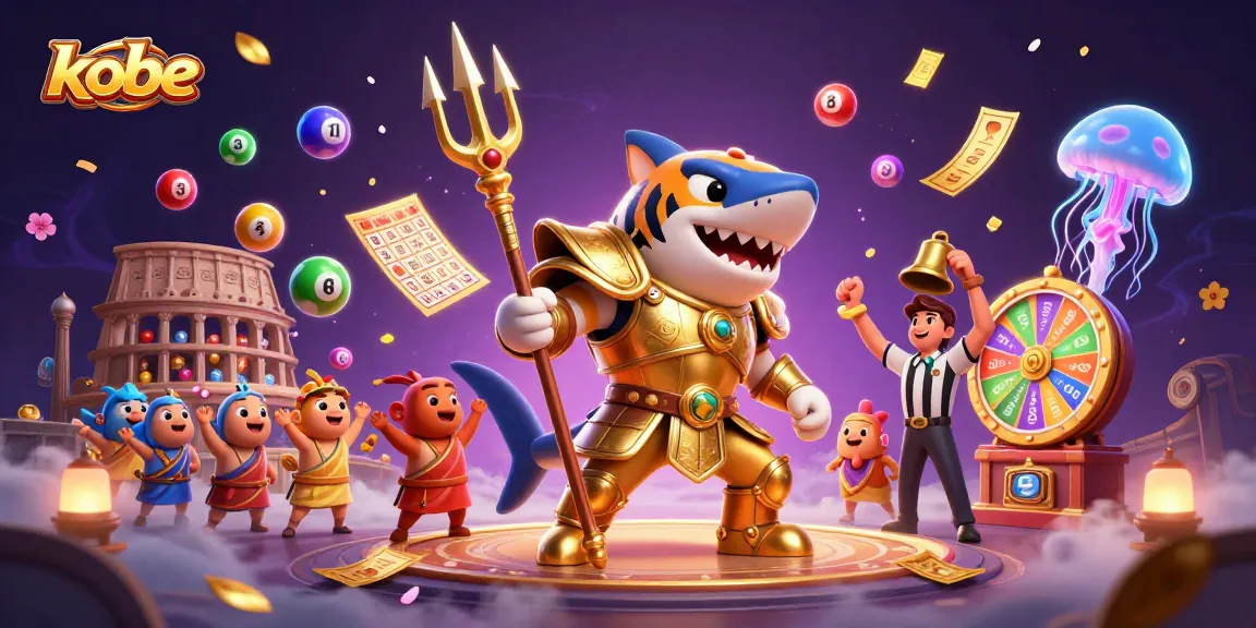 Kobe's vibrant underwater casino scene with a fierce tiger shark and energetic lottery elements.