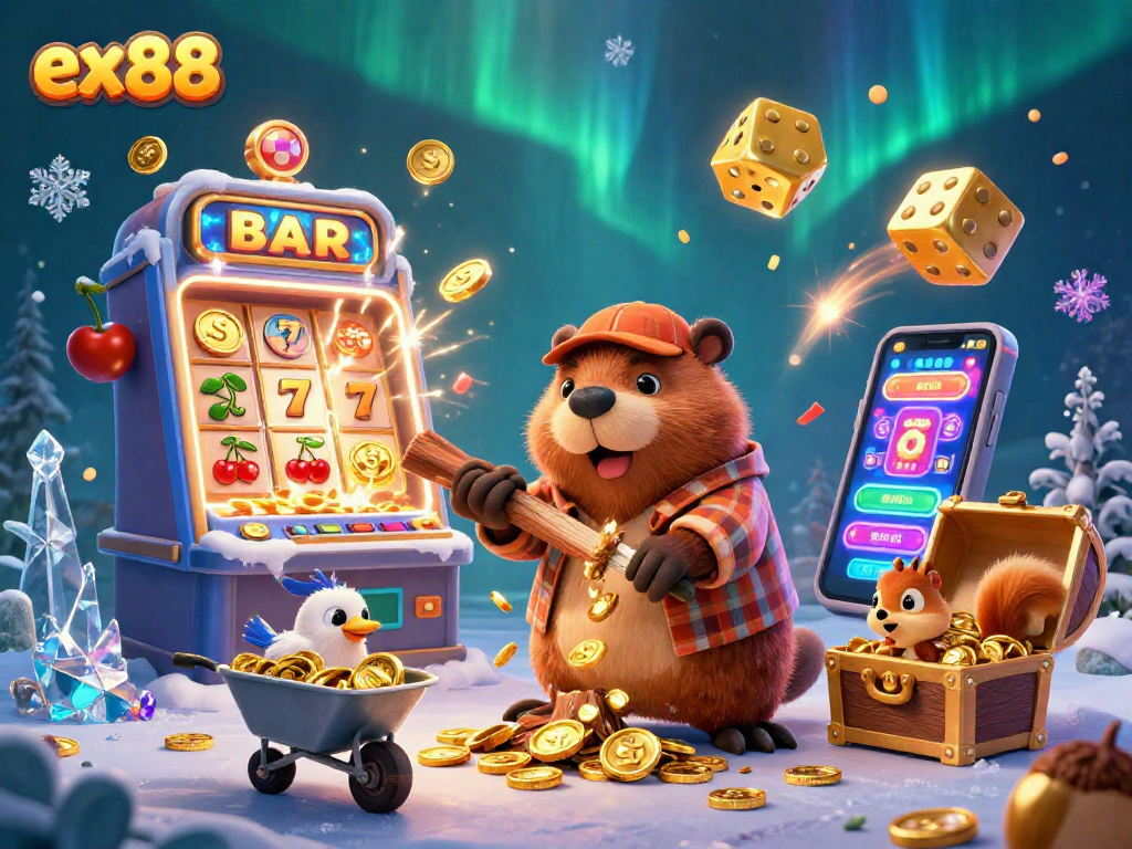 Bet big with ex88 at a vibrant casino scene of winning coins and playful characters.