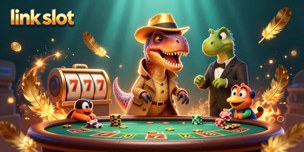 Engage with the link slot experience showcasing a comical velociraptor at the blackjack table amidst vivid slot elements.