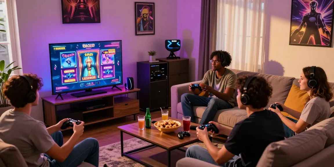 Exciting slot gacor gaming session in a cozy living room with friends, dynamic atmosphere and colorful decor.