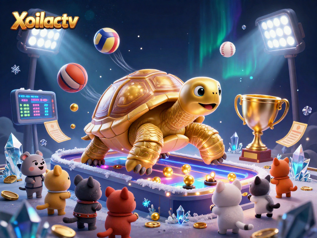 Xoilactv features a dazzling 3D scene with a colossal tortoise pinball machine amidst dynamic sports betting elements.