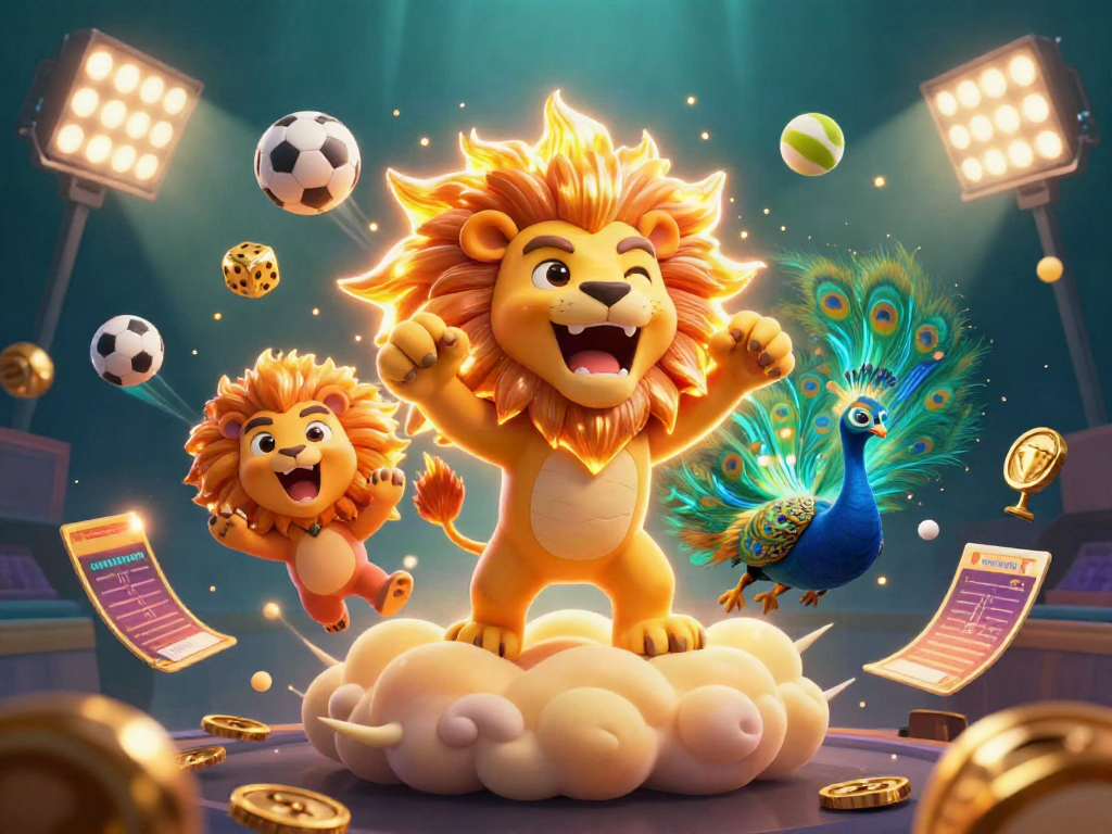 Bet on thrilling sports action with 7 m, featuring a roaring lion on a platform of clouds amidst vibrant gaming elements.