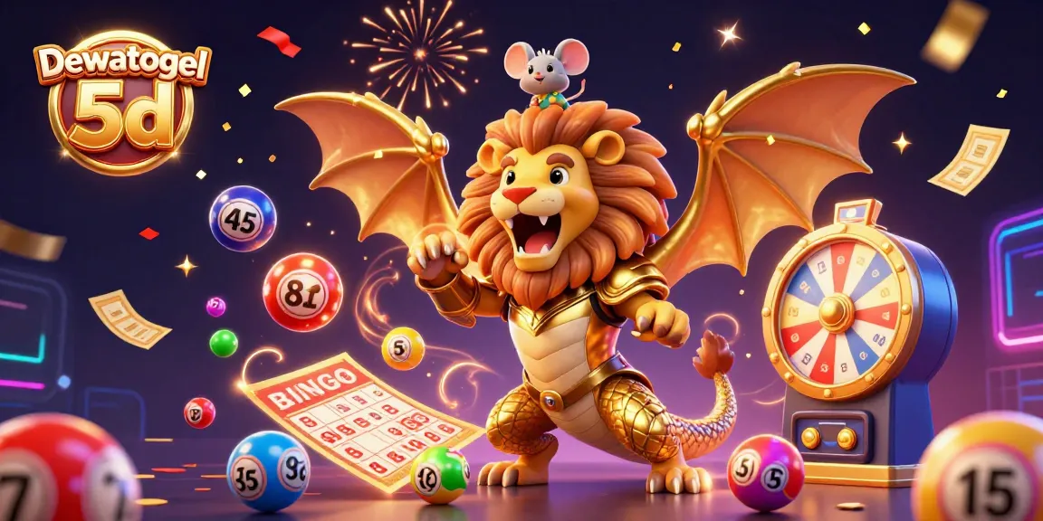 Dewatogel 5d showcases an energetic scene with colorful lottery balls and a victorious chimera creature, perfect for online gambling.