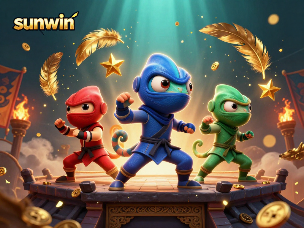 Experience the dynamic sunwin gaming atmosphere with ninja chameleons and vibrant casino elements.