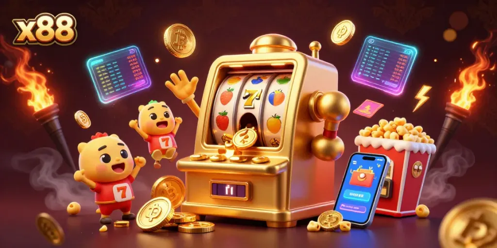 x88 slot machine hits jackpot and celebrates with coins pouring out in vibrant casino-themed scene