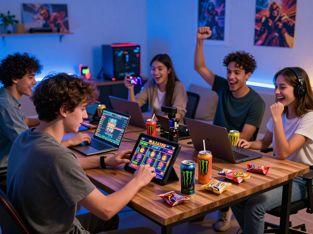 RAJA 328 gaming platform experience with players enjoying vibrant online slot games in a cozy setting.