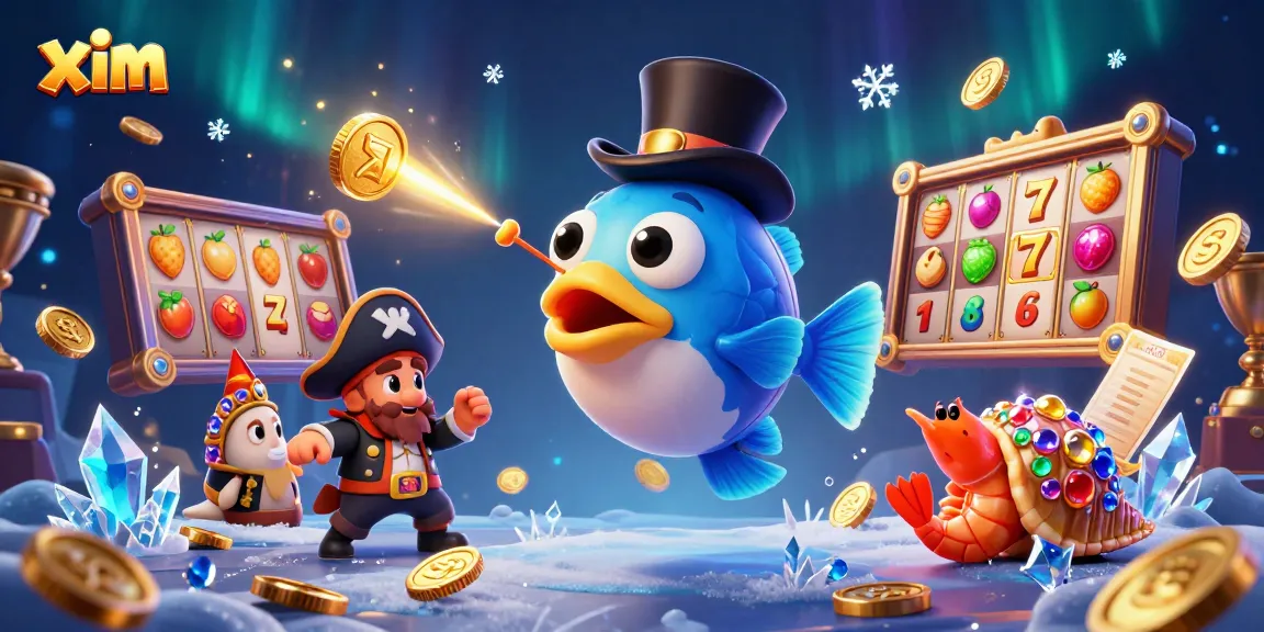 Catch golden rewards with xim in this vibrant casino scene featuring colorful slot elements.