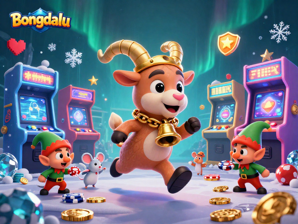 Bongdalu engages with an animated Krampus goat, angel mouse, and elf gremlins in a lively casino setting.