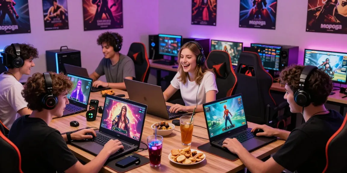Players enjoying vibrant porn games on various devices in a cozy gaming lounge, showcasing community and excitement.