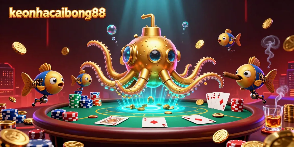 Experience thrilling poker action with keonhacaibong88's dynamic kraken submarine in a sea of coins.