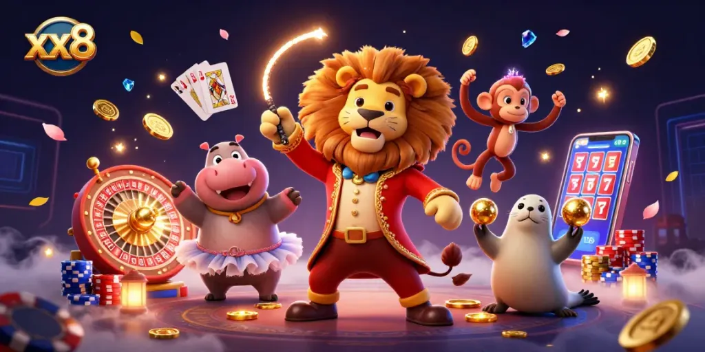 Experience a vibrant casino adventure with xx8's animated characters, rolling dice, and overflowing coins.