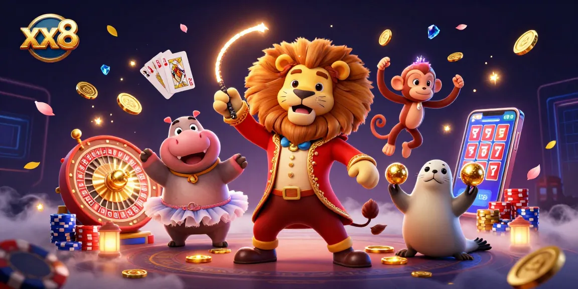 Experience a vibrant casino adventure with xx8's animated characters, rolling dice, and overflowing coins.