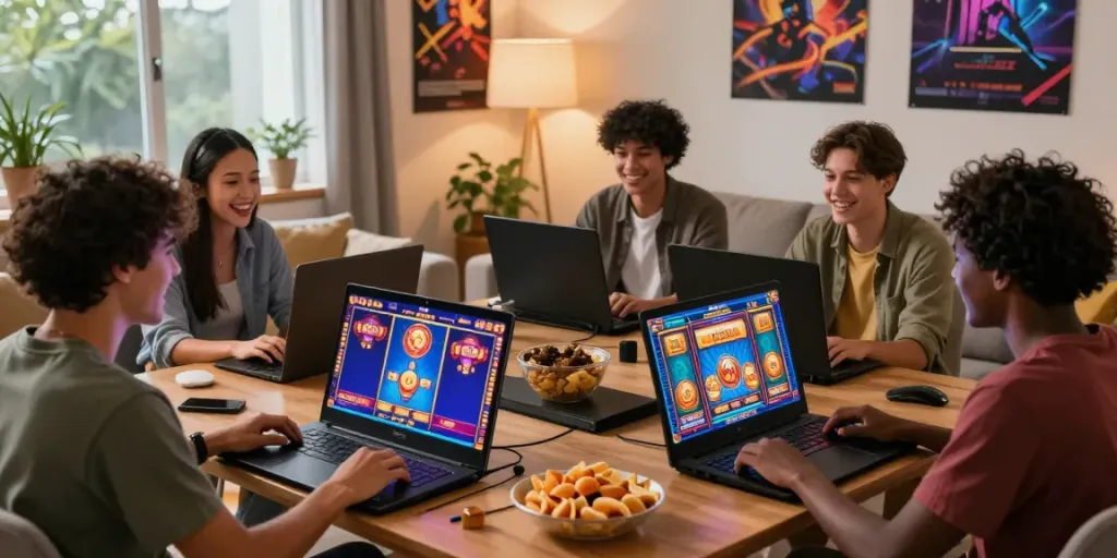 Friends enjoying an engaging slot online gaming session in a cozy living room.