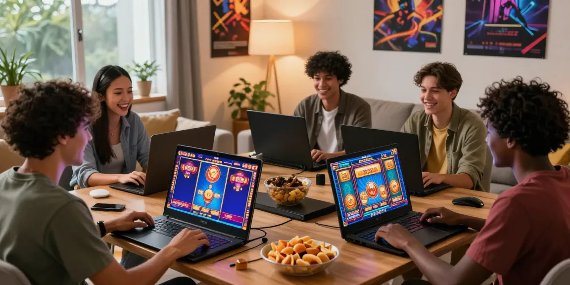 Friends enjoying an engaging slot online gaming session in a cozy living room.