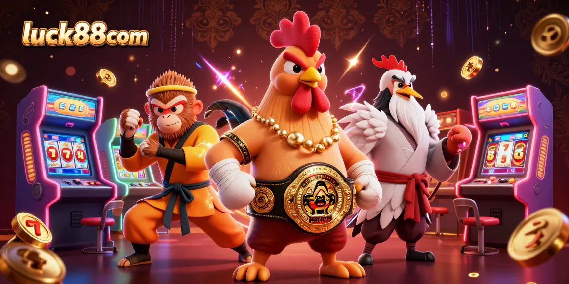 Engage with luck88com’s thrilling gaming action featuring a fierce rooster, Shaolin monkey, and crane master in a vibrant casino scene.