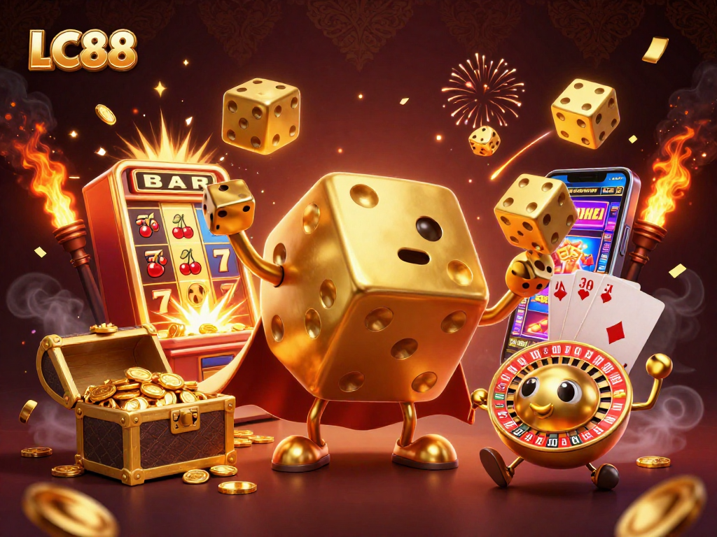 Experience thrilling moments at LC88 with a 3D illustration of vibrant casino games and dynamic characters.
