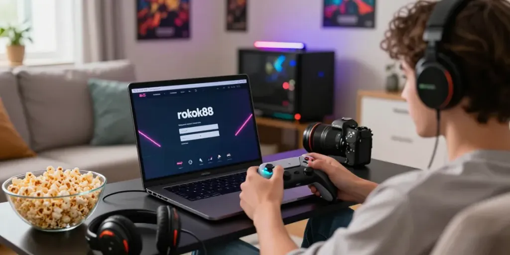 Engaging scene of a user on rokok88 login screen, gaming at home with colorful LED lights.