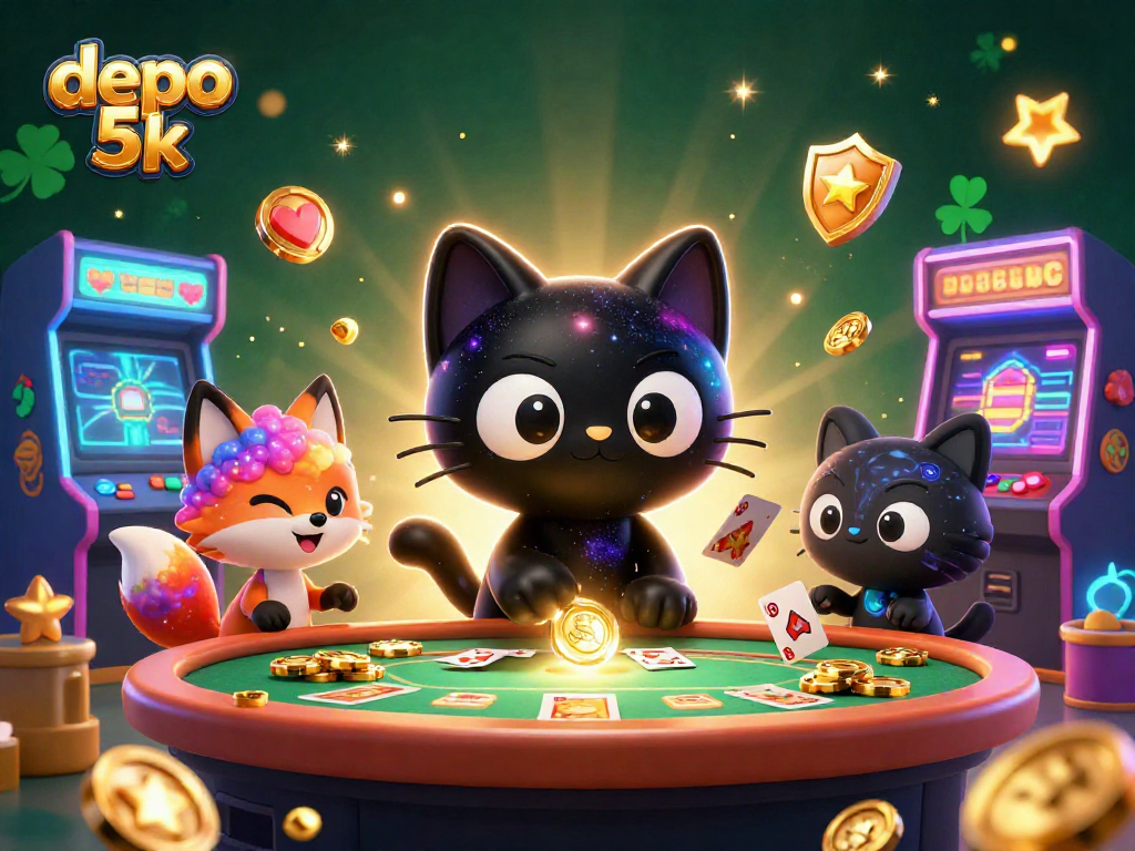 Engage in thrilling casino action with depo 5k as a cat pulls in golden chips and cards.
