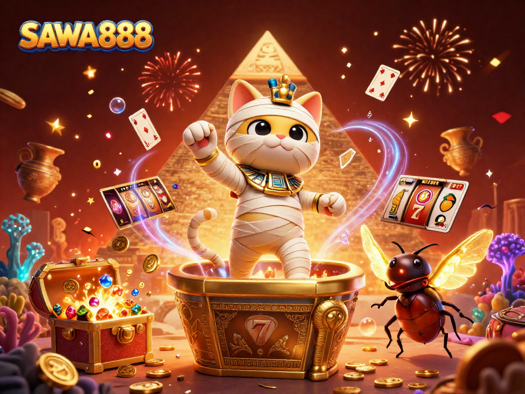 Play slots and win with SAWA888 in a dynamic mummy-themed casino scene featuring a glowing scarab.
